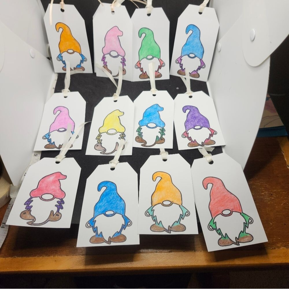 Hand Crafted Colorful Gnome Gift Tags Thank You Cards Set of 12